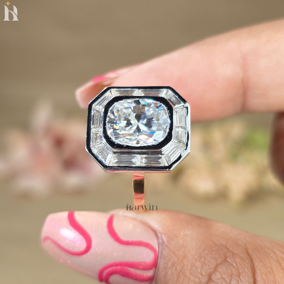 2.50CT Elongated Cushion Lab Grown Diamond Engagement Ring, Baguette Bezel Set 14K  White Gold