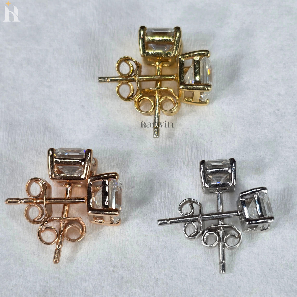 Asscher Cut Moissanite Diamond Prong Setting Stud Earrings, Push Back Solitaire Earrings