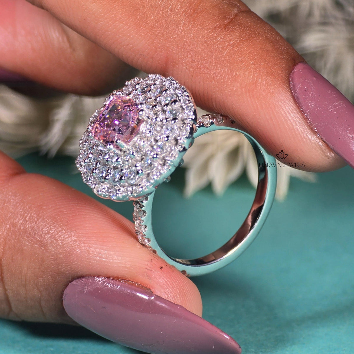 Pink Cushion 1CT Moissanite Wedding Ring Triple Halo 14K White Gold Half Pave Band
