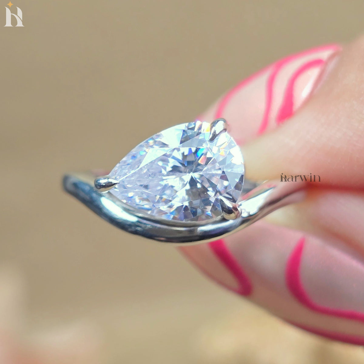 2 CT Pear Lab Grown Wave Band Solitaire Ring White Gold Engagement Ring