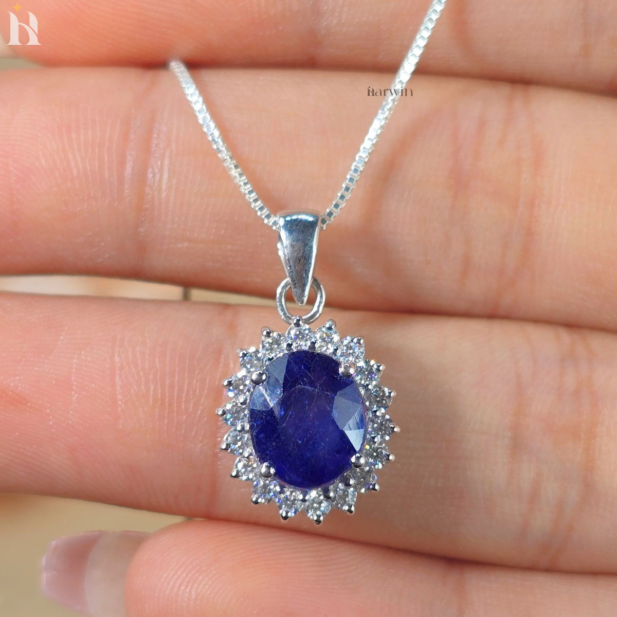 Royal Blue Sapphire 4 CT Oval Cut Halo Set Necklace, Classic September Birthstone Gift