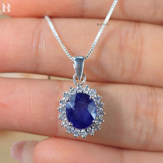 Royal Blue Sapphire 4 CT Oval Cut Halo Set Necklace, Classic September Birthstone Gift