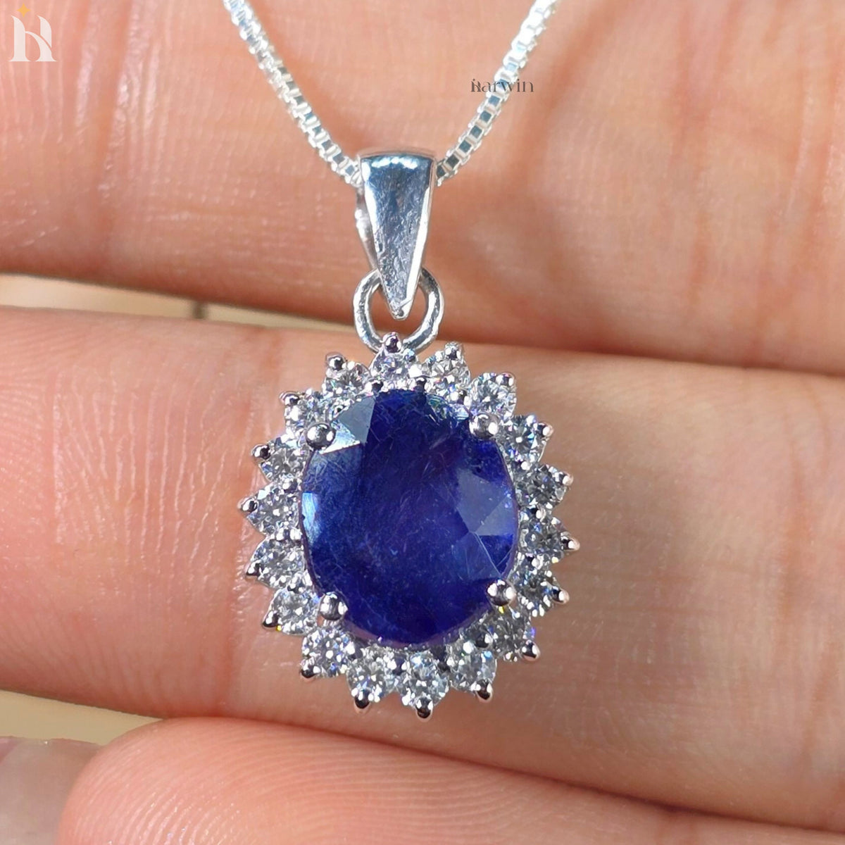 Royal Blue Sapphire 4 CT Oval Cut Halo Set Necklace, Classic September Birthstone Gift