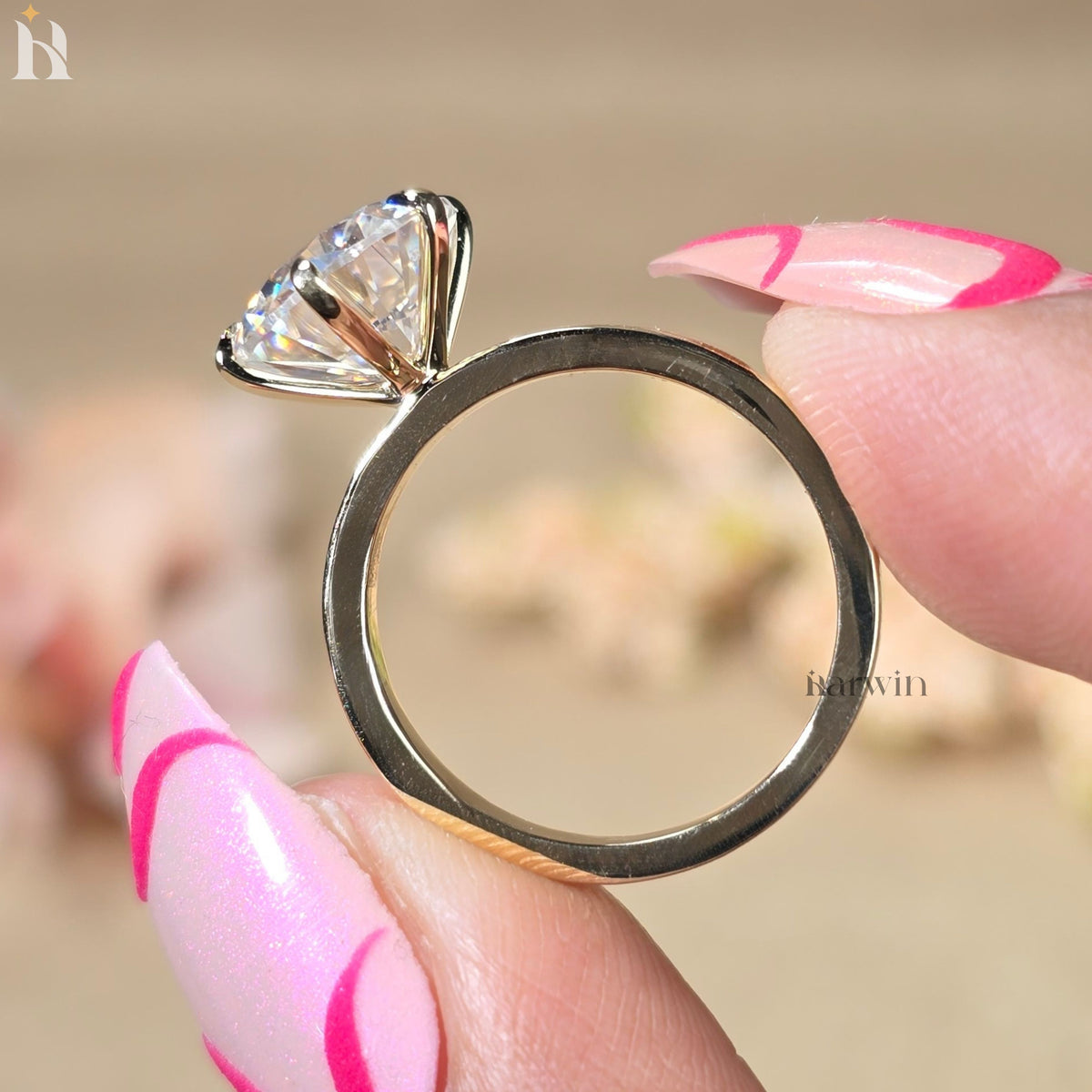 3.5CT Round Cut Moissanite Engagement Ring, 14k Solid Gold 6-Prong Solitaire Ring