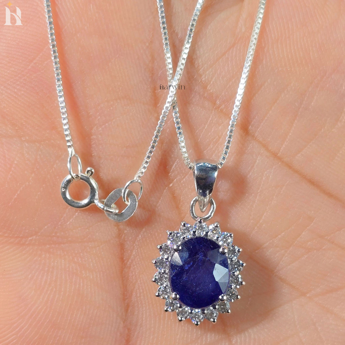 Royal Blue Sapphire 4 CT Oval Cut Halo Set Necklace, Classic September Birthstone Gift