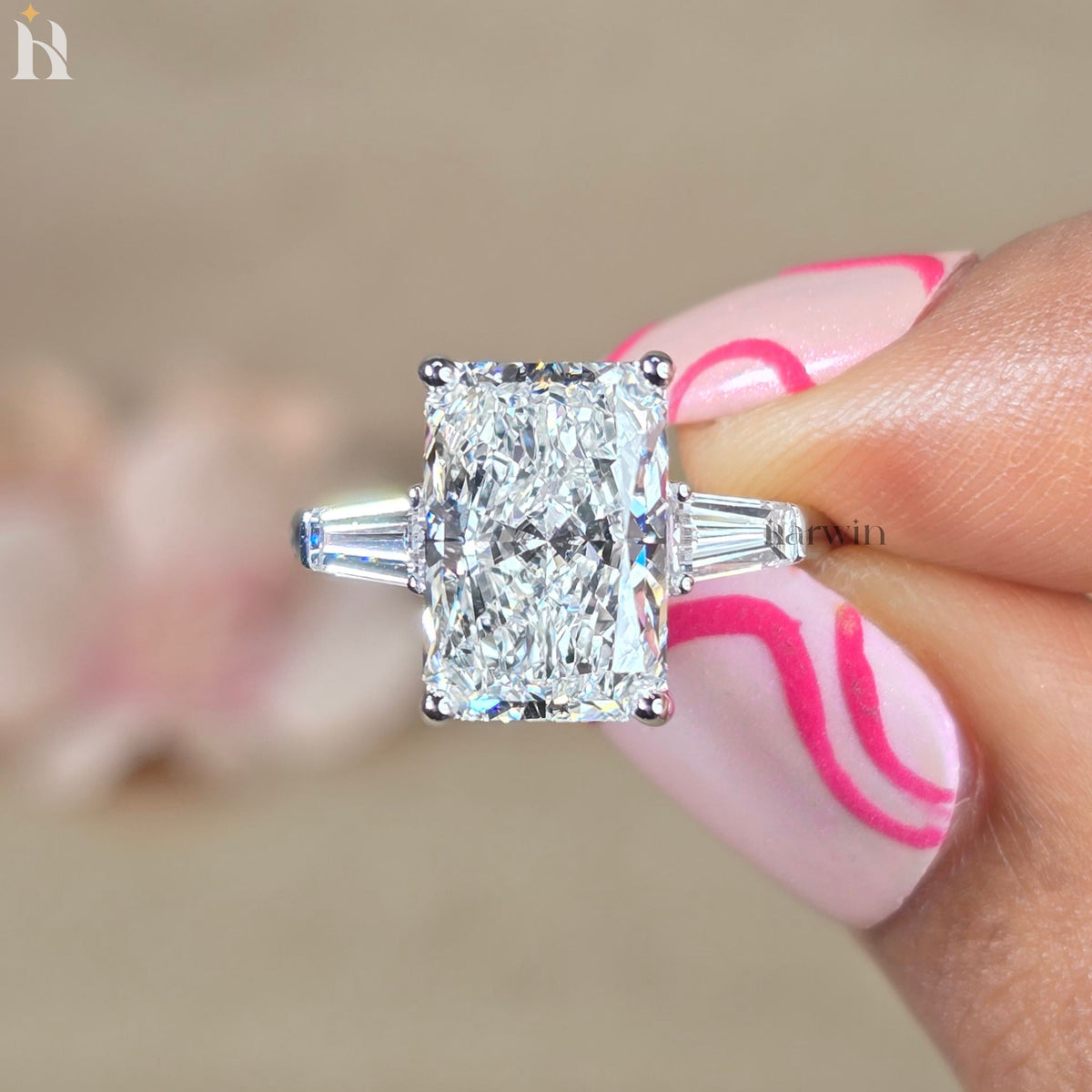 4CT Radiant Cut Lab-Grown Diamond Three Stone Ring Tapered Baguette White Gold Engagement Ring