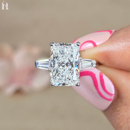 4CT Radiant Cut Lab-Grown Diamond Three Stone Ring Tapered Baguette White Gold Engagement Ring