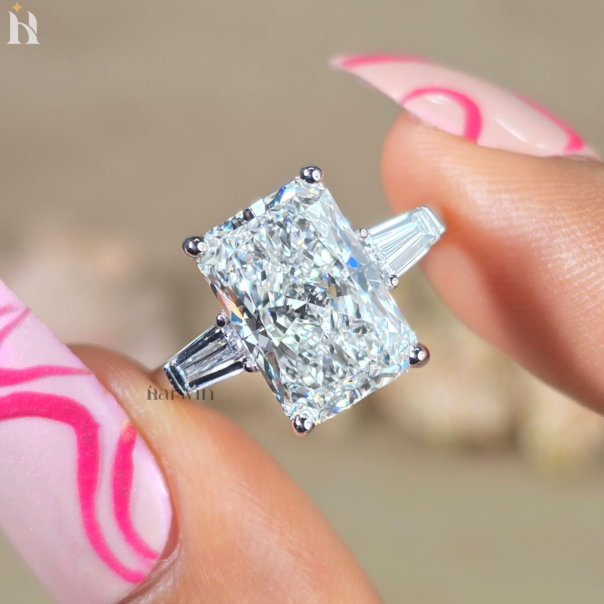 4CT Radiant Cut Lab-Grown Diamond Three Stone Ring Tapered Baguette White Gold Engagement Ring