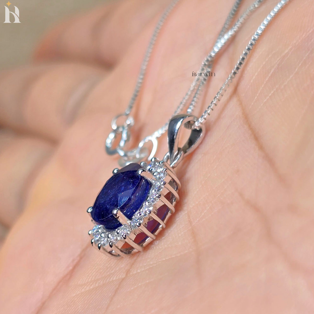 Royal Blue Sapphire 4 CT Oval Cut Halo Set Necklace, Classic September Birthstone Gift