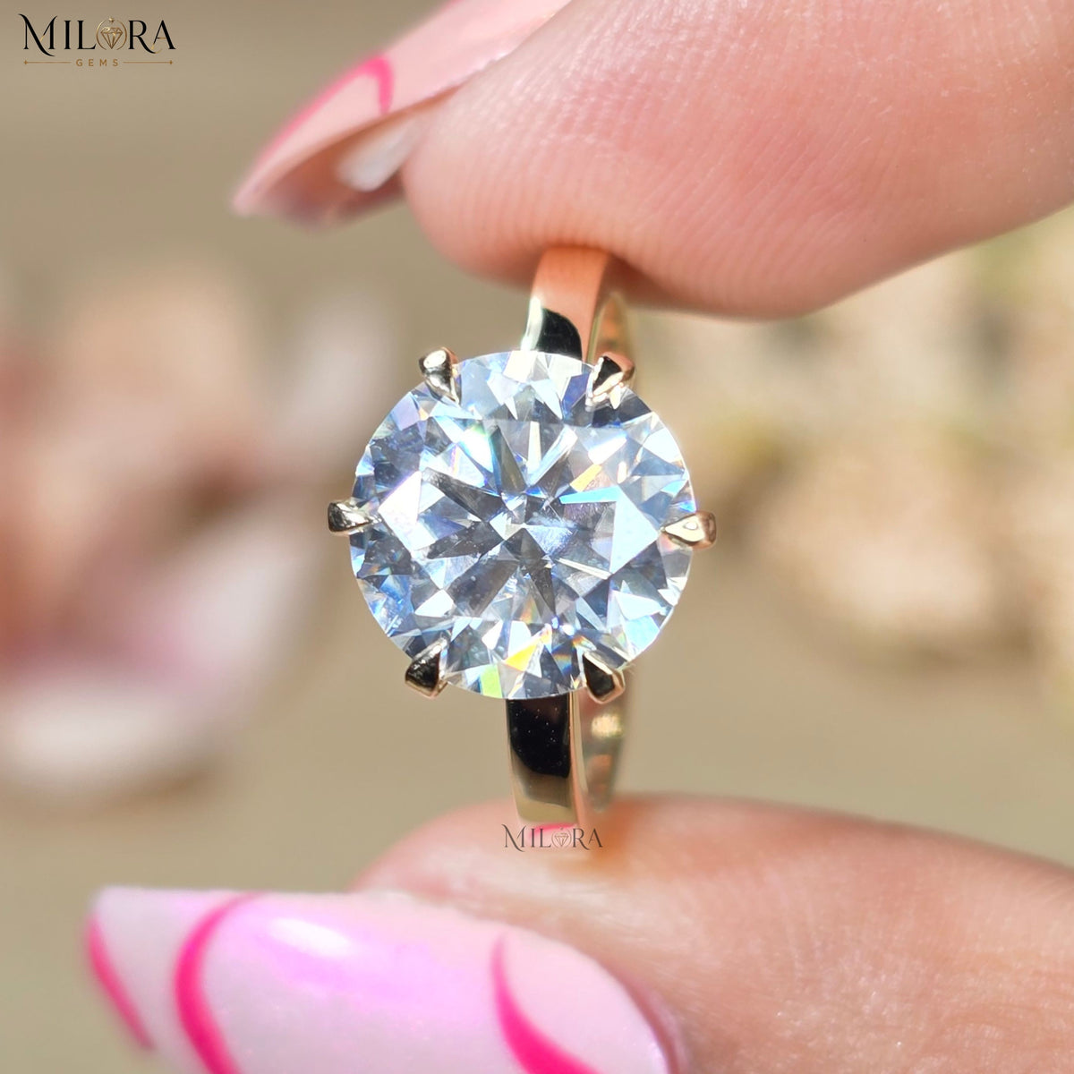 3.5CT Round Cut Moissanite Engagement Ring, 14k Solid Gold 6-Prong Solitaire Ring