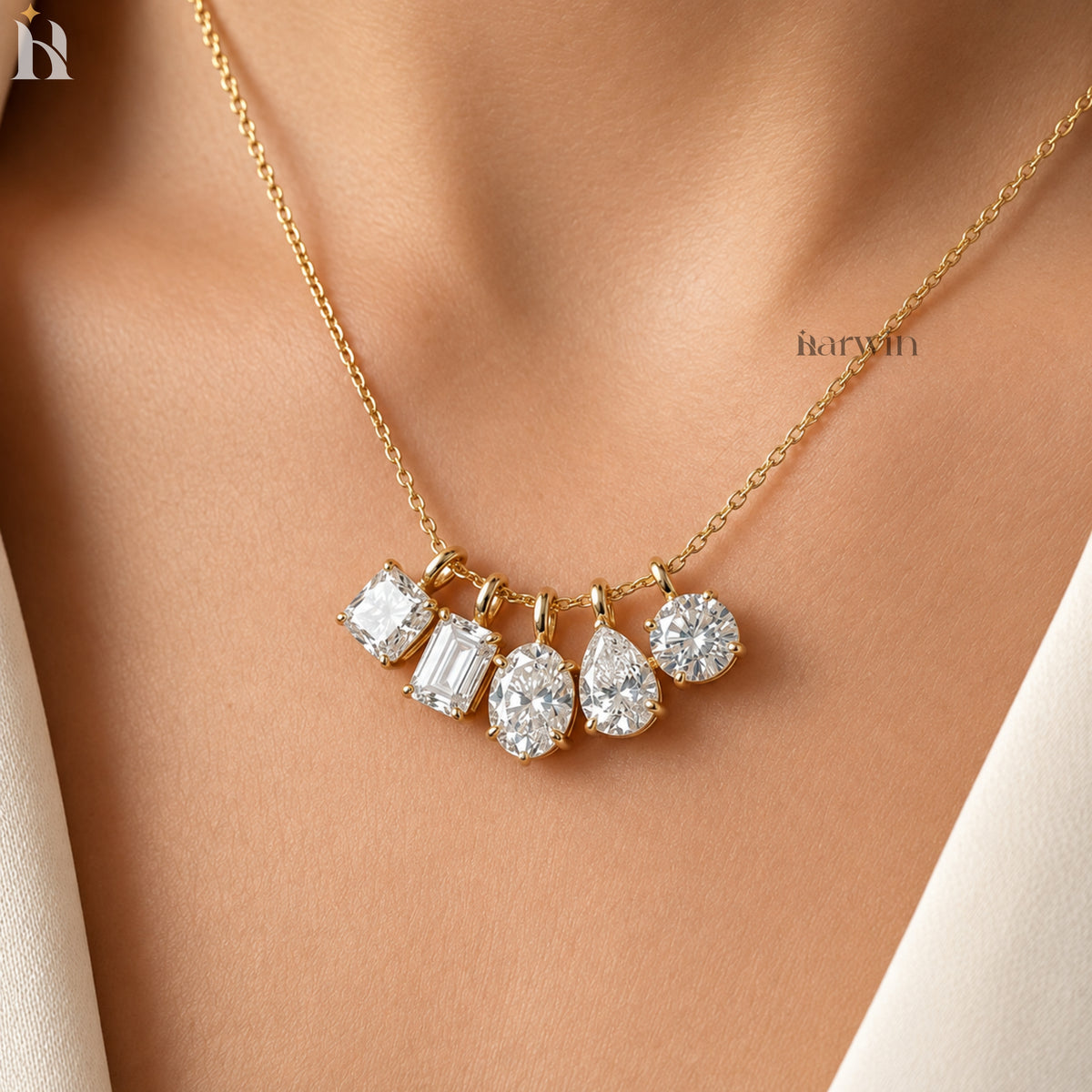 Multi Moissanite Stone 14K Solid Gold Prong Set Pendant Solitaire Charm Only Pendant