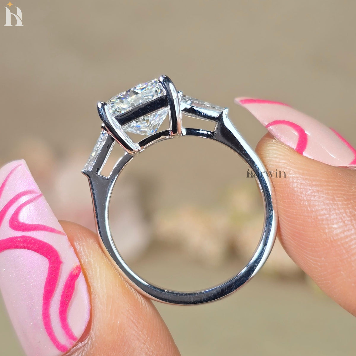 4CT Radiant Cut Lab-Grown Diamond Three Stone Ring Tapered Baguette White Gold Engagement Ring