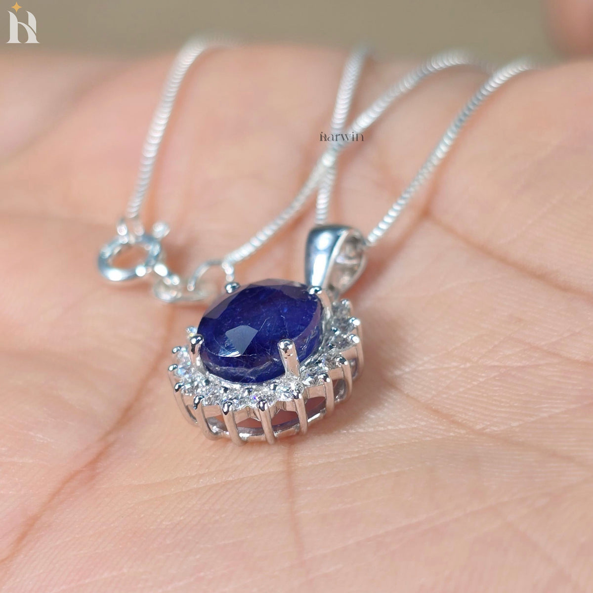 Royal Blue Sapphire 4 CT Oval Cut Halo Set Necklace, Classic September Birthstone Gift