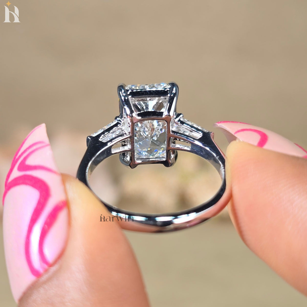 4CT Radiant Cut Lab-Grown Diamond Three Stone Ring Tapered Baguette White Gold Engagement Ring