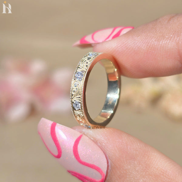 Art Deco Moissanite Wedding Band, Vintage Engraved Scrollwork Ring, Antique Style Band