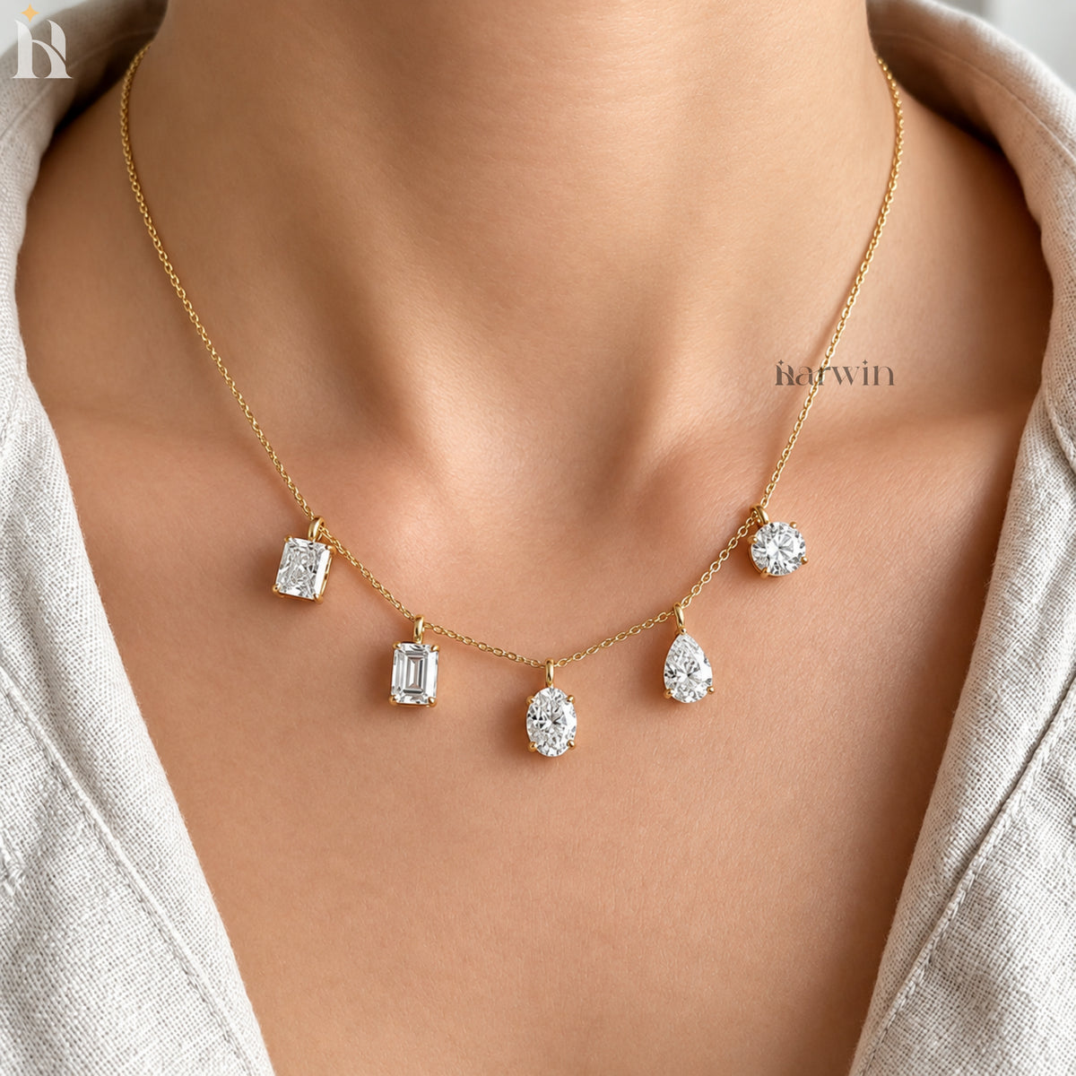 Multi Moissanite Stone 14K Solid Gold Prong Set Pendant Solitaire Charm Only Pendant