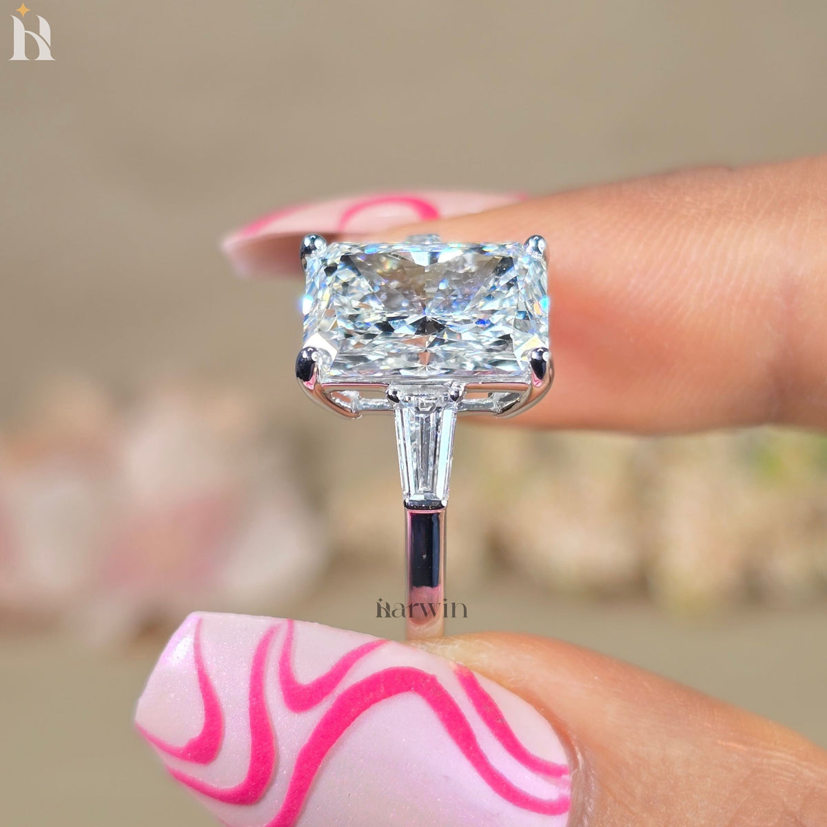 4CT Radiant Cut Lab-Grown Diamond Three Stone Ring Tapered Baguette White Gold Engagement Ring
