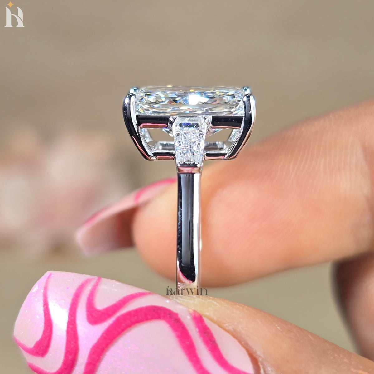 4CT Radiant Cut Lab-Grown Diamond Three Stone Ring Tapered Baguette White Gold Engagement Ring