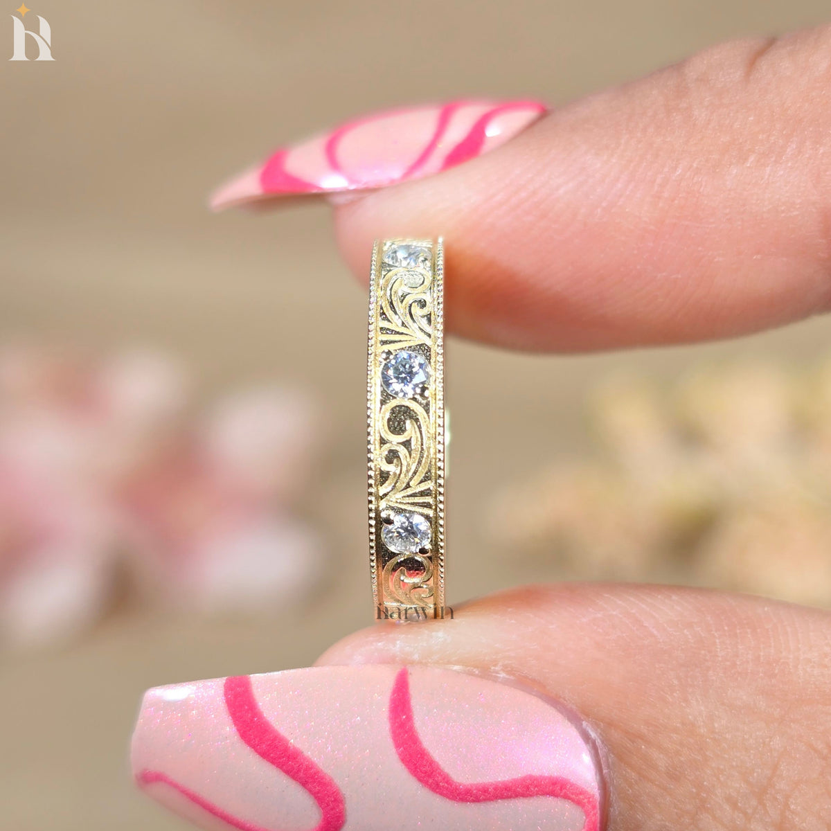 Art Deco Moissanite Wedding Band, Vintage Engraved Scrollwork Ring, Antique Style Diamond Accent Band