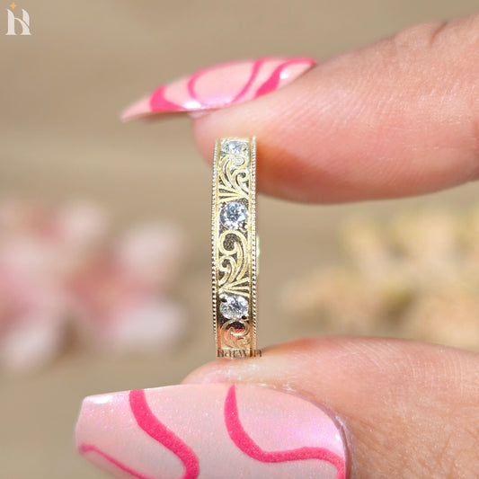 Art Deco Moissanite Wedding Band, Vintage Engraved Scrollwork Ring, Antique Style Diamond Accent Band