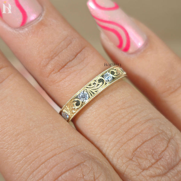 Art Deco Moissanite Wedding Band, Vintage Engraved Scrollwork Ring, Antique Style Band