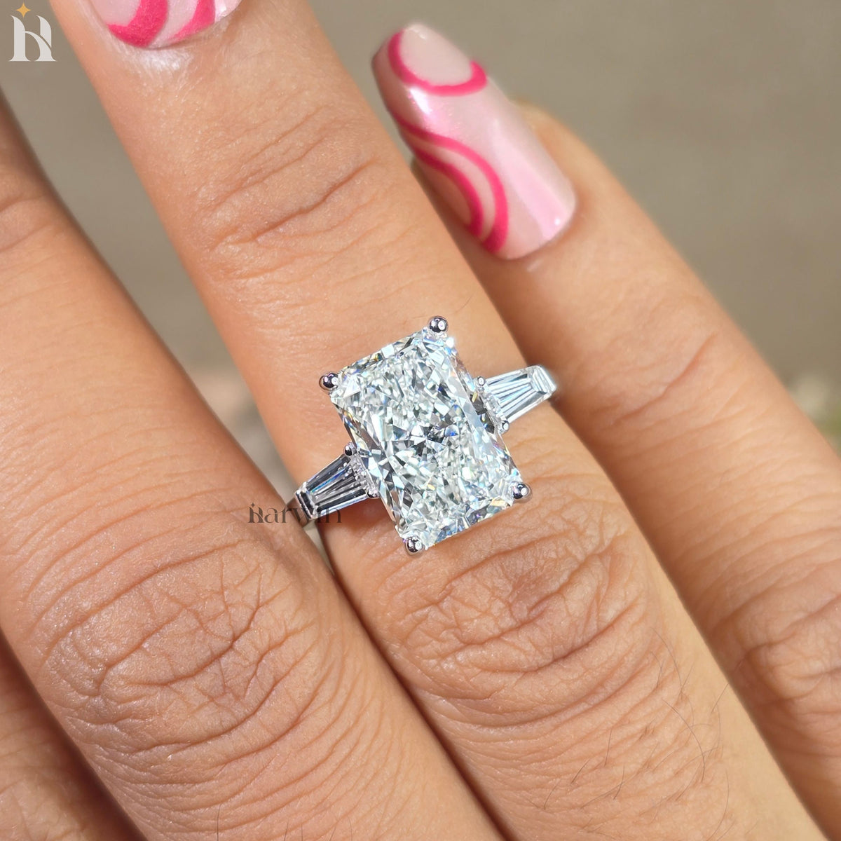 4CT Radiant Cut Lab-Grown Diamond Three Stone Ring Tapered Baguette White Gold Engagement Ring