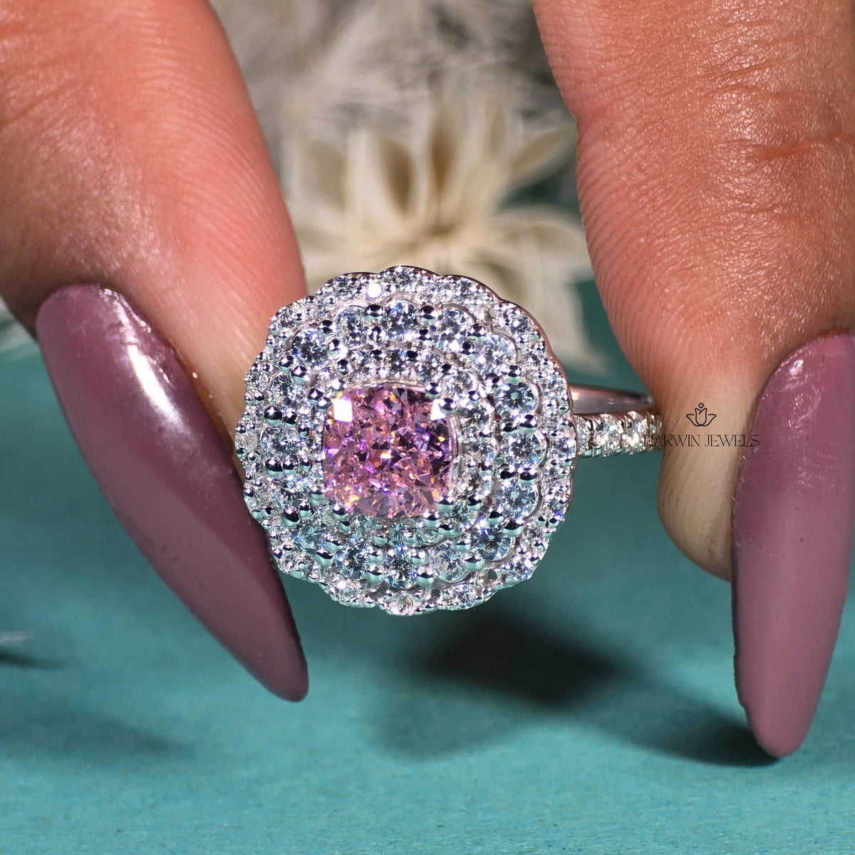 Pink Cushion 1CT Moissanite Wedding Ring Triple Halo 14K White Gold Half Pave Band