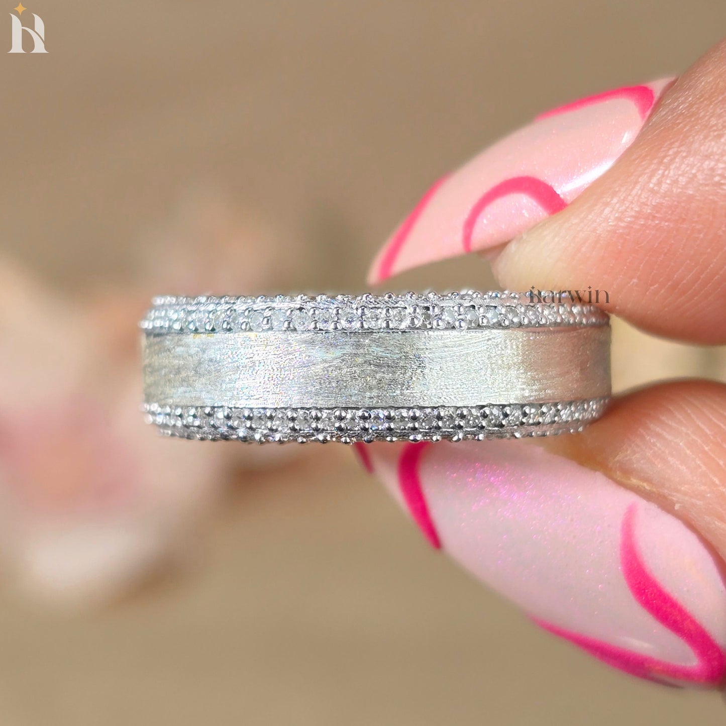 Men's 14k White Gold and Round Diamond Beveled Edge Wedding Band
