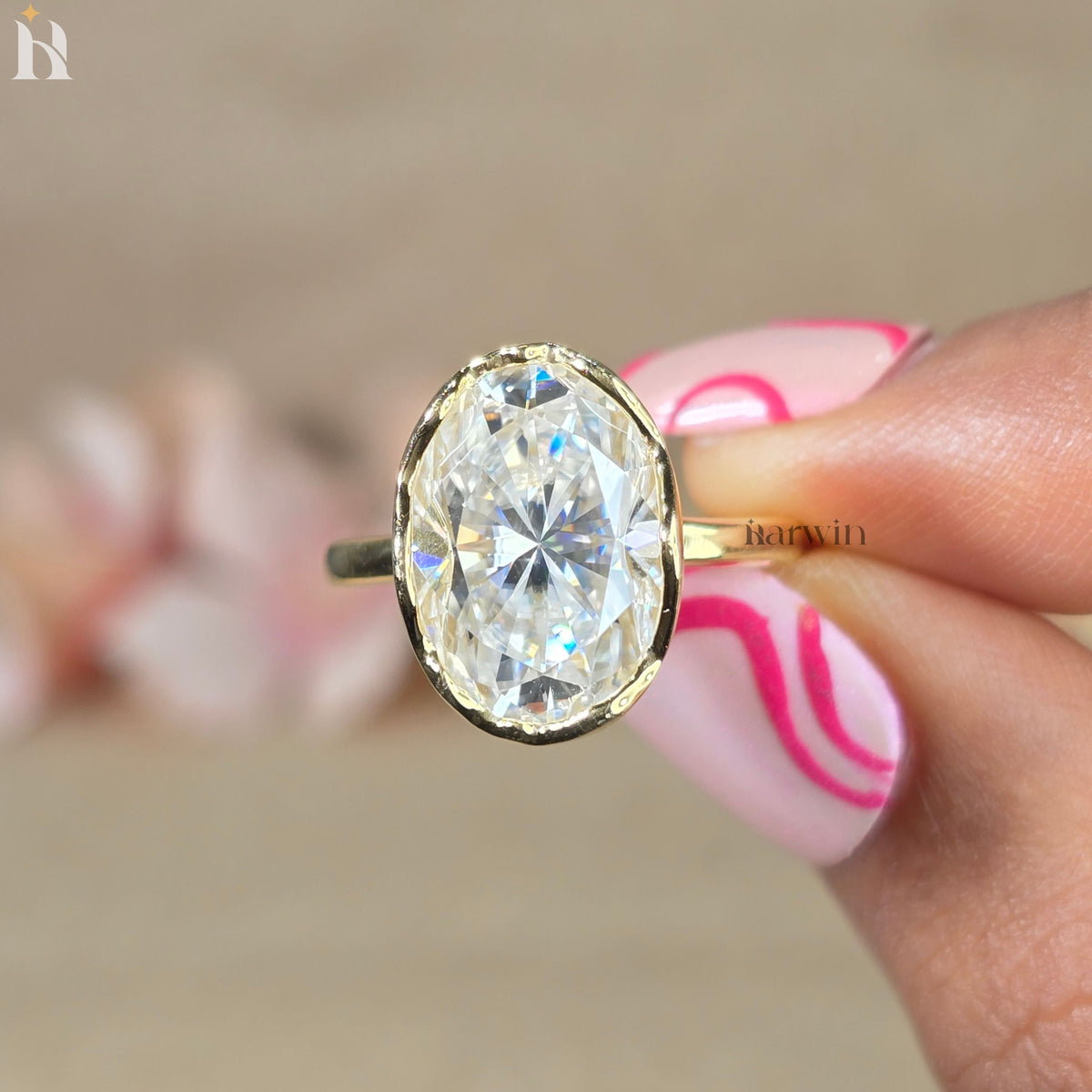 6CT Oval Moissanite Abstract Bezel Setting Ring, Unique Solitaire Ring