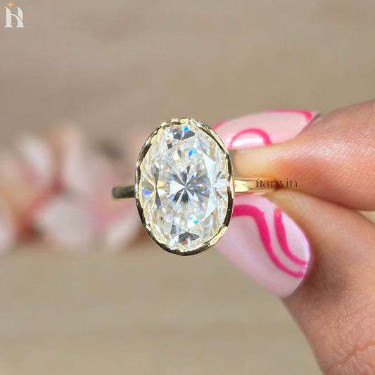 6CT Oval Moissanite Abstract Bezel Setting Ring, Unique Solitaire Ring