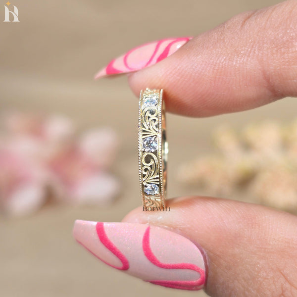 Art Deco Moissanite Wedding Band, Vintage Engraved Scrollwork Ring, Antique Style Band