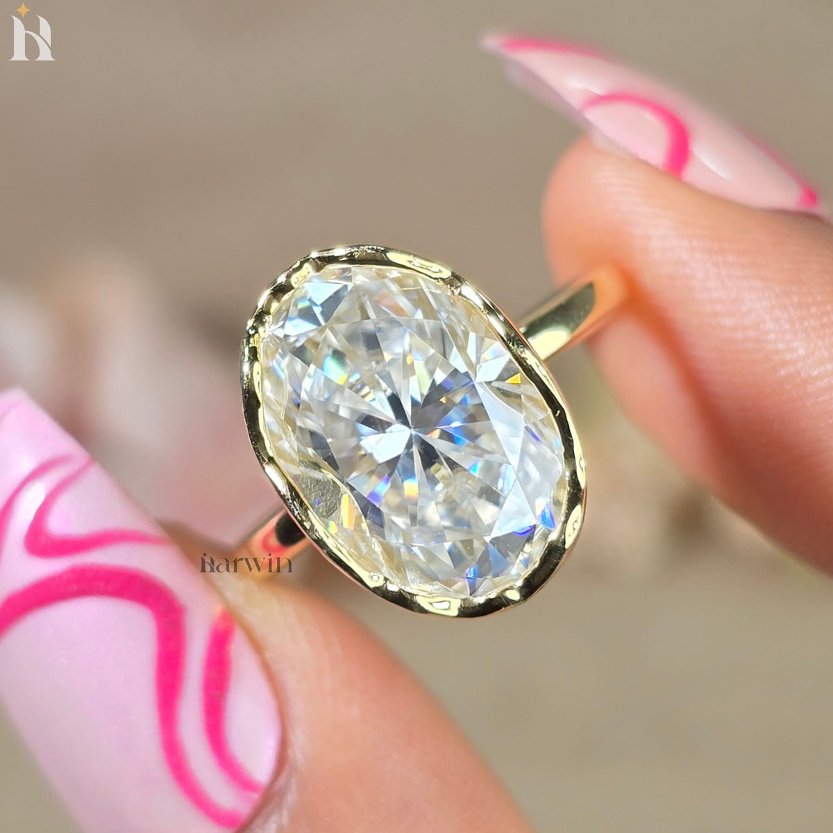 6CT Oval Moissanite Abstract Bezel Setting Ring, Unique Solitaire Ring