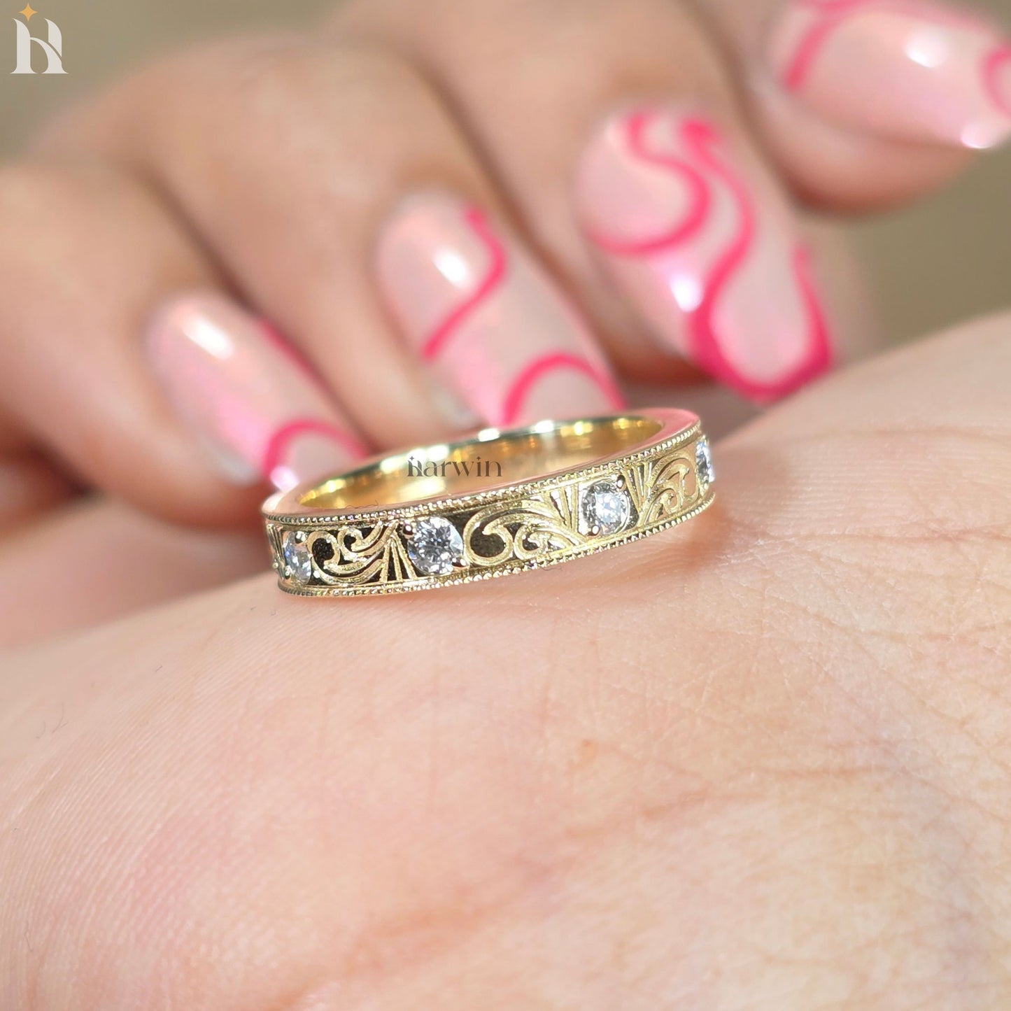 Art Deco Moissanite Wedding Band, Vintage Engraved Scrollwork Ring, Antique Style Band