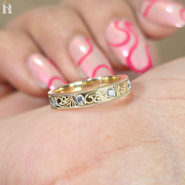 Art Deco Moissanite Wedding Band, Vintage Engraved Scrollwork Ring, Antique Style Band
