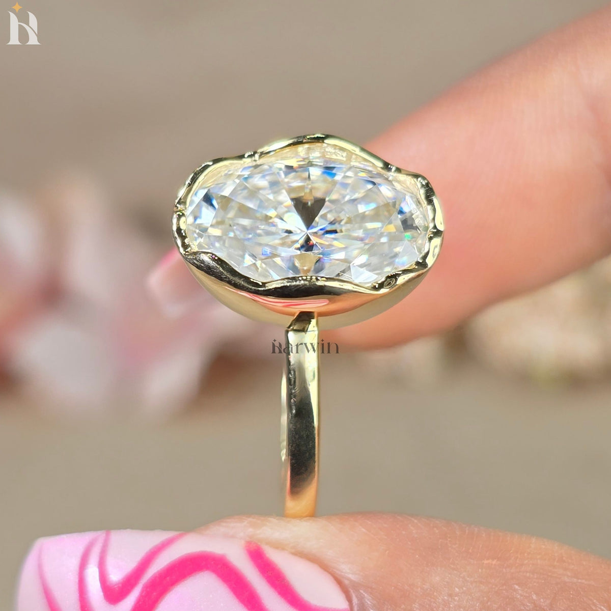 6CT Oval Moissanite Abstract Bezel Setting Ring, Unique Solitaire Ring