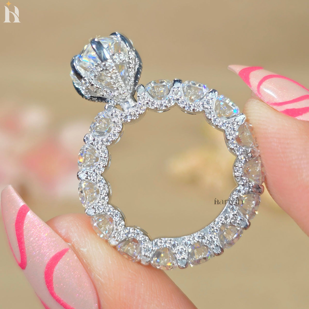 5 CT Pear Moissanite Engagement Ring, Oval Pave Diamond Band, Classic Prong Set Ring