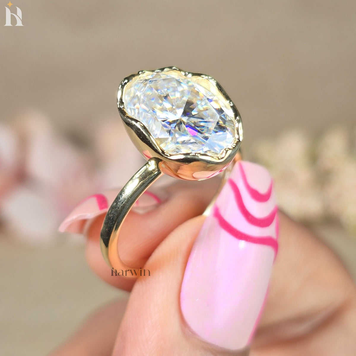 6CT Oval Moissanite Abstract Bezel Setting Ring, Unique Solitaire Ring