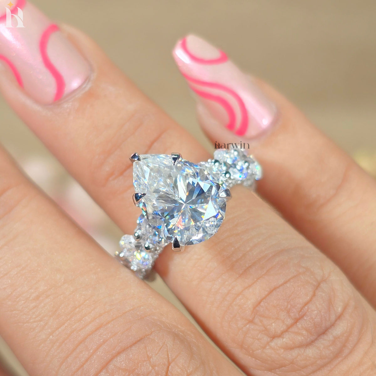 5 CT Pear Moissanite Engagement Ring, Oval Pave Diamond Band, Classic Prong Set Ring