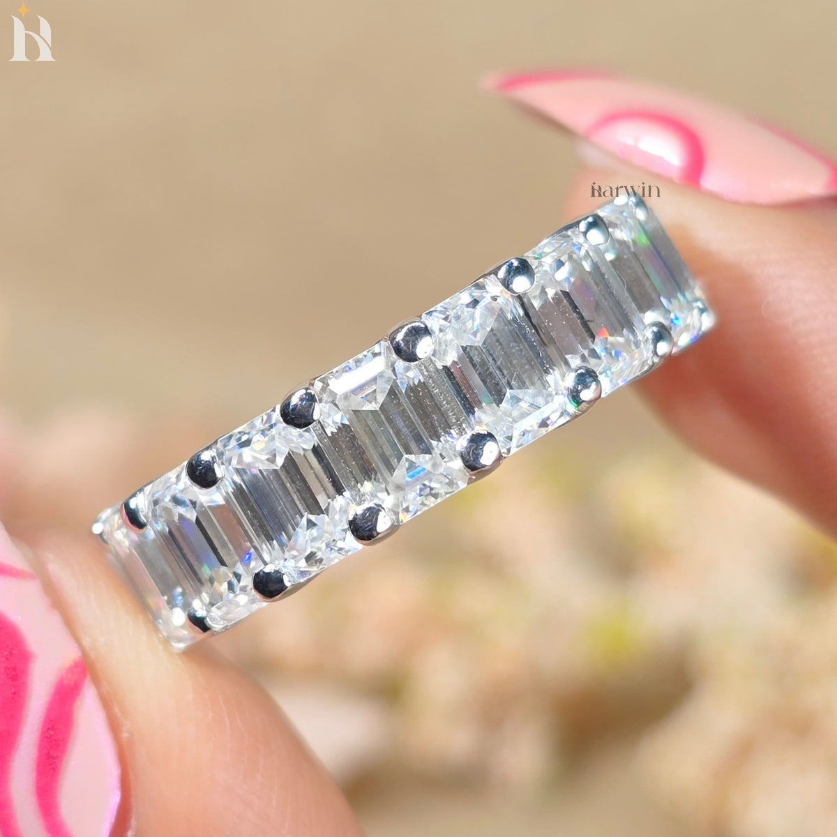 6x4MM Emerald Cut Moissanite Eternity Band White Gold Wedding Ring Stackable Anniversary Band