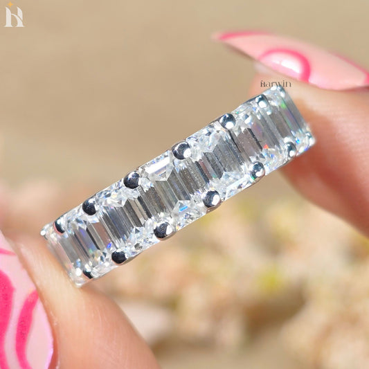 6x4MM Emerald Cut Moissanite Eternity Band White Gold Wedding Ring Stackable Anniversary Band