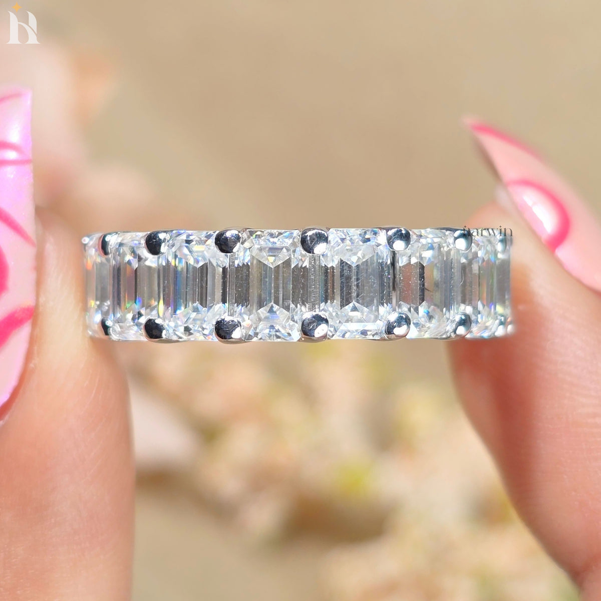 6x4MM Emerald Cut Moissanite Eternity Band White Gold Wedding Ring Stackable Anniversary Band