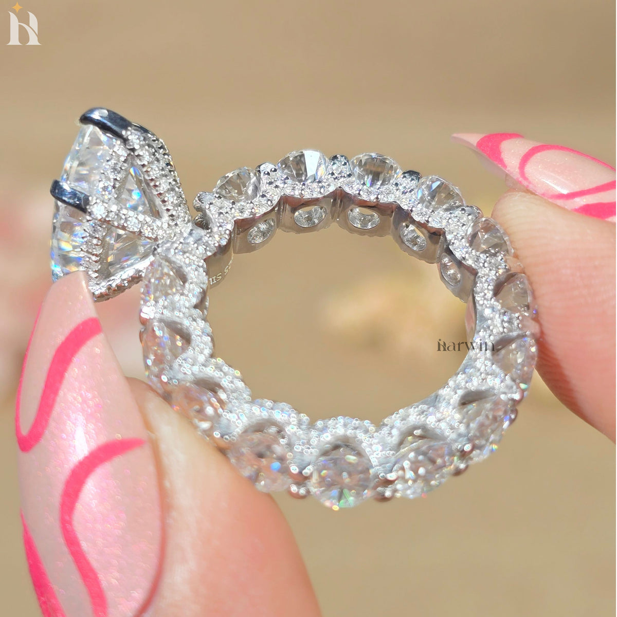 5 CT Pear Moissanite Engagement Ring, Oval Pave Diamond Band, Classic Prong Set Ring