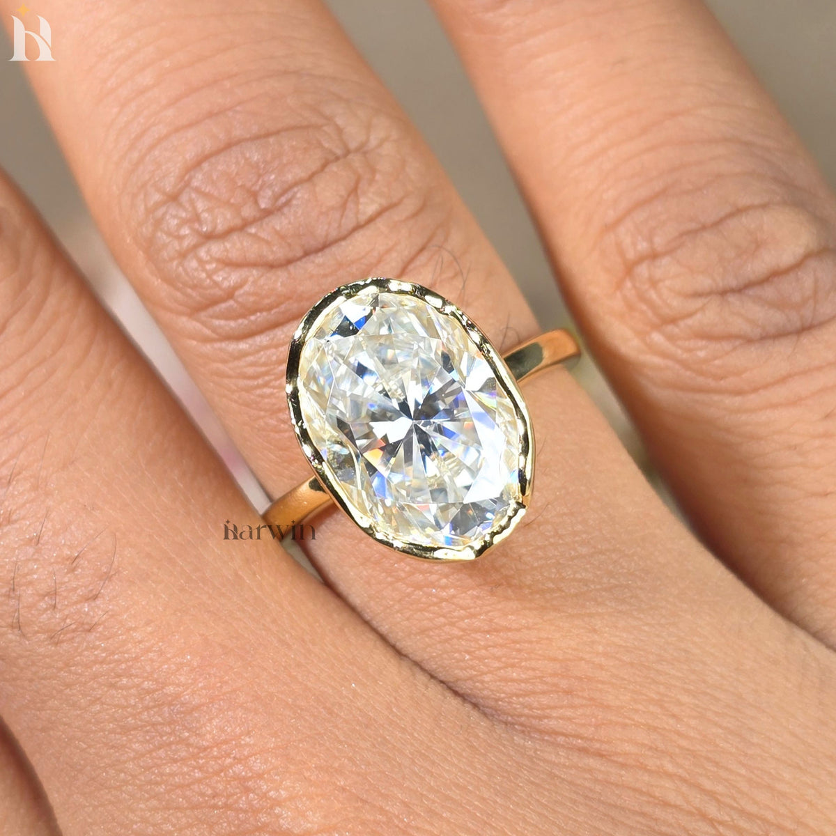 6CT Oval Moissanite Abstract Bezel Setting Ring, Unique Solitaire Ring