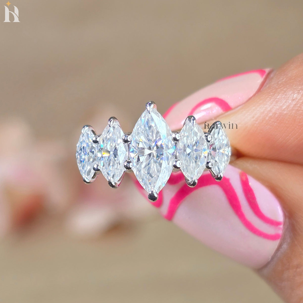 4 Ct Marquise Cut Moissanite Ring Five Stone Wedding Band Solid Gold Anniversary Ring Marquise Diamond Band Stackable Bridal Ring