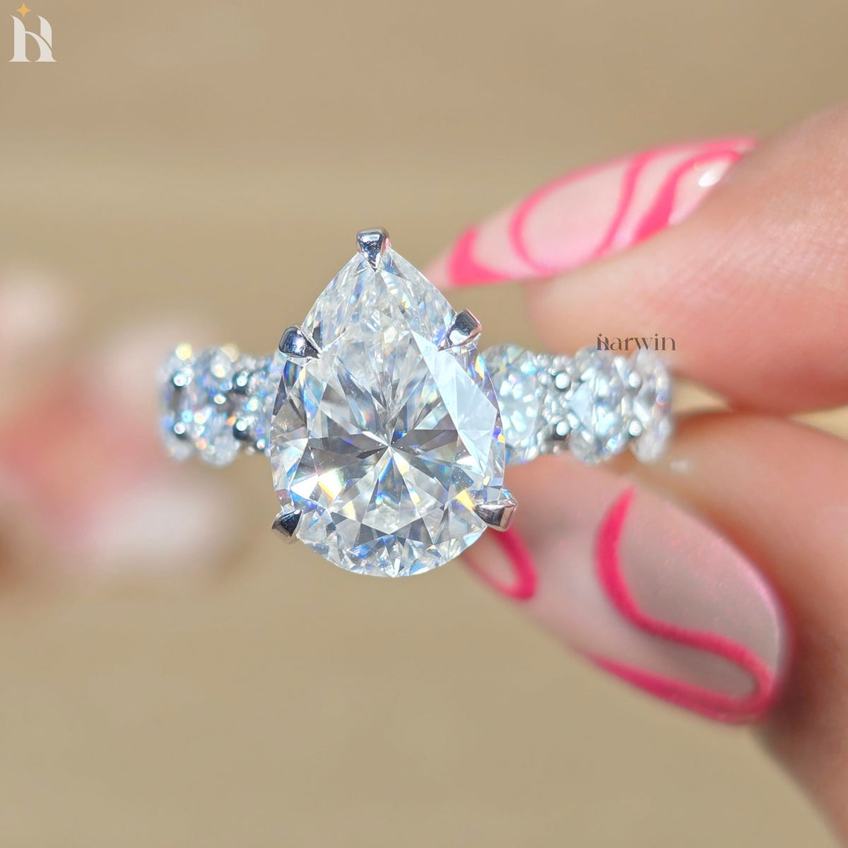 5 CT Pear Moissanite Engagement Ring, Oval Pave Diamond Band, Classic Prong Set Ring