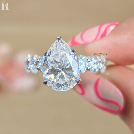 5 CT Pear Moissanite Engagement Ring, Oval Pave Diamond Band, Classic Prong Set Ring
