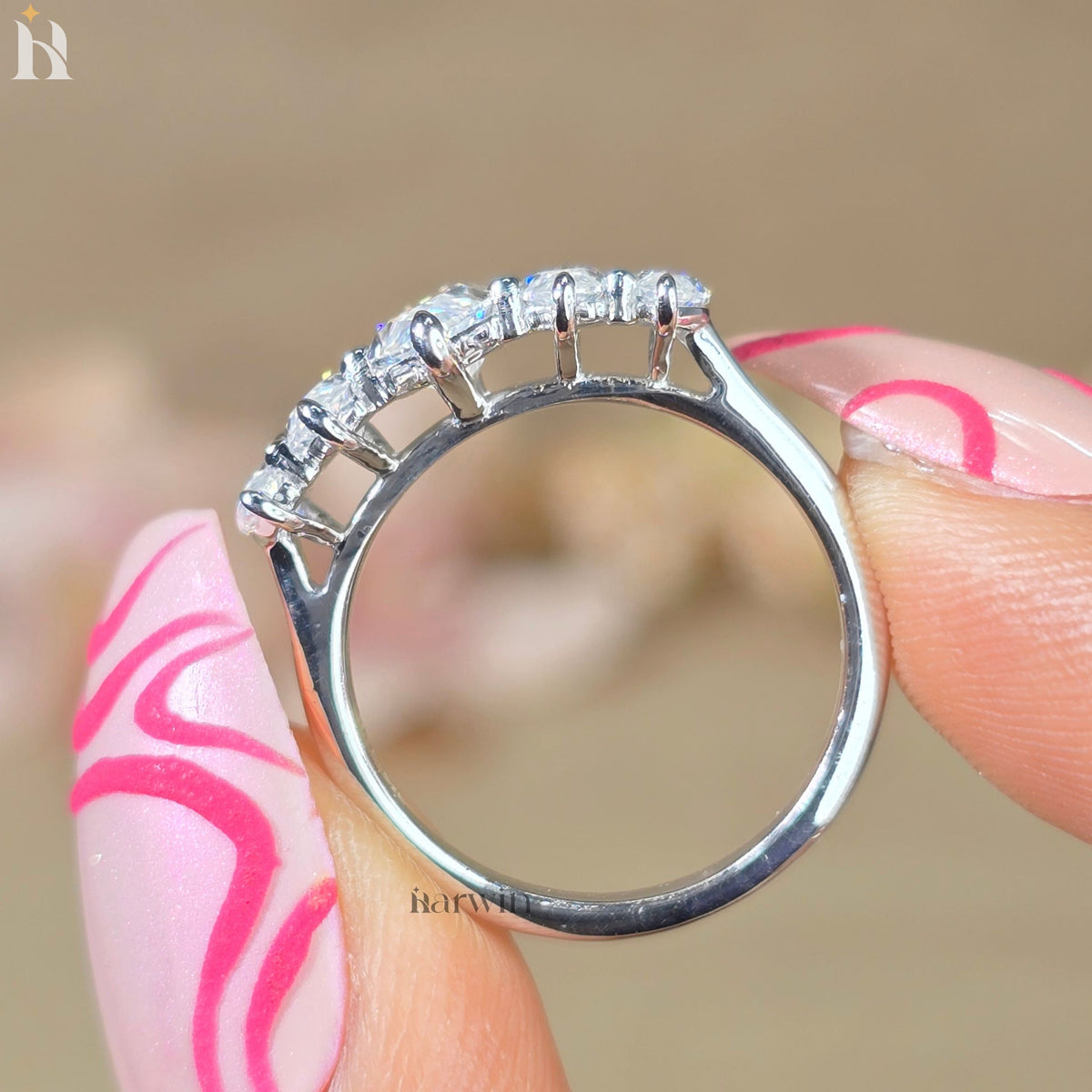 4 Ct Marquise Cut Moissanite Ring Five Stone Wedding Band Solid Gold Anniversary Ring Marquise Diamond Band Stackable Bridal Ring