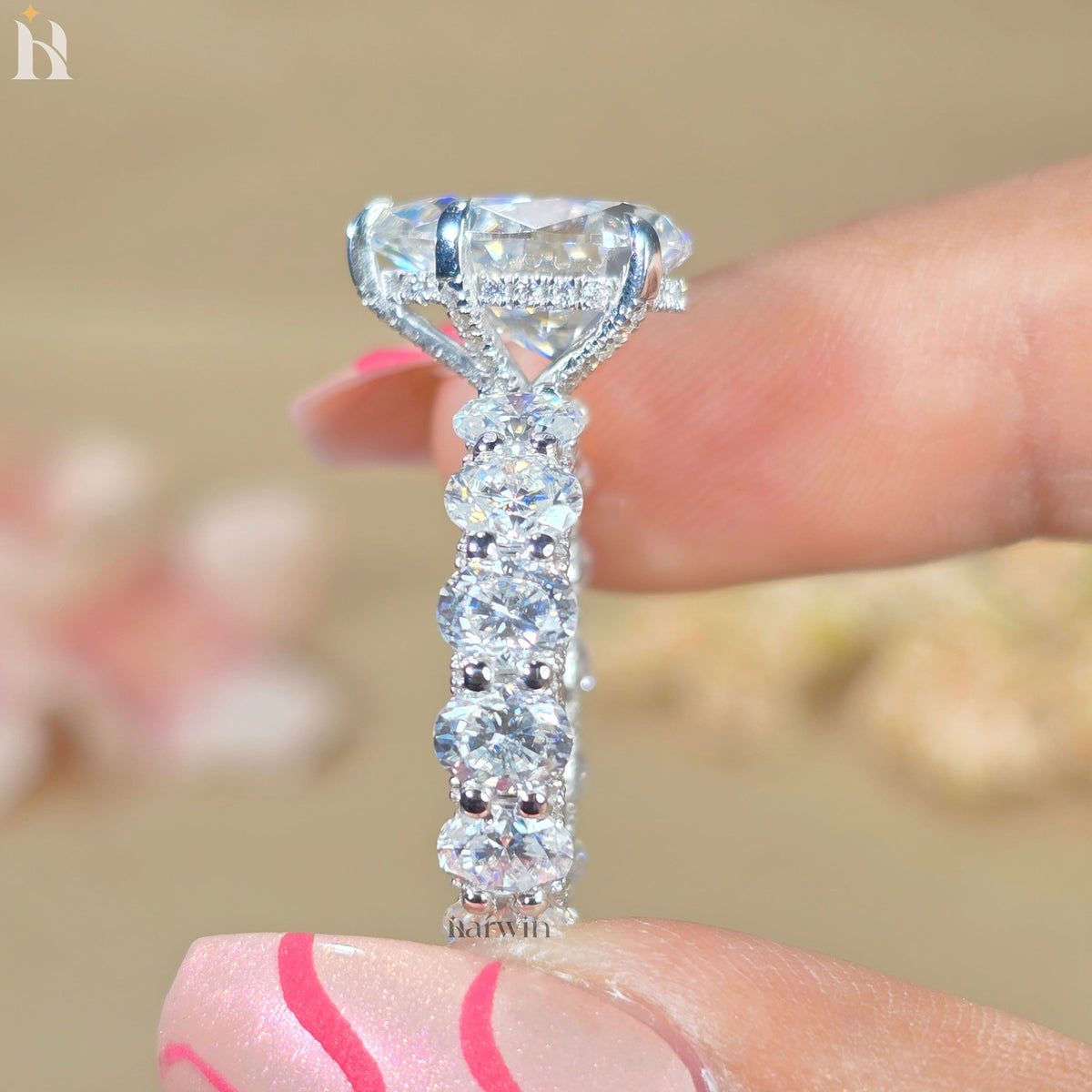 5 CT Pear Moissanite Engagement Ring, Oval Pave Diamond Band, Classic Prong Set Ring