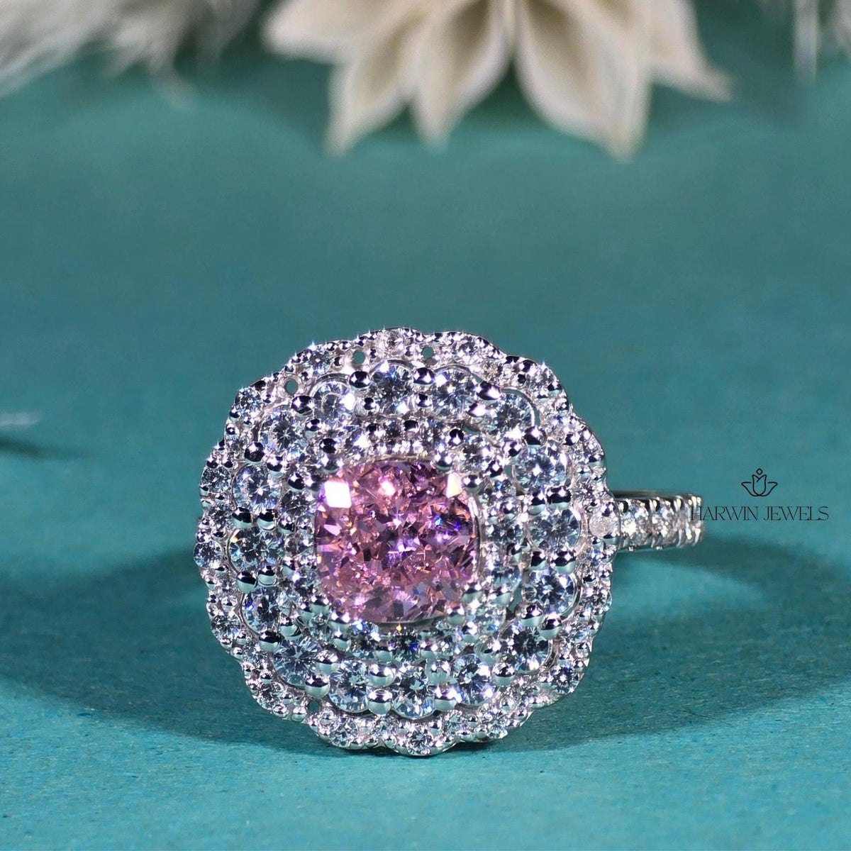 Pink Cushion 1CT Moissanite Wedding Ring Triple Halo 14K White Gold Half Pave Band