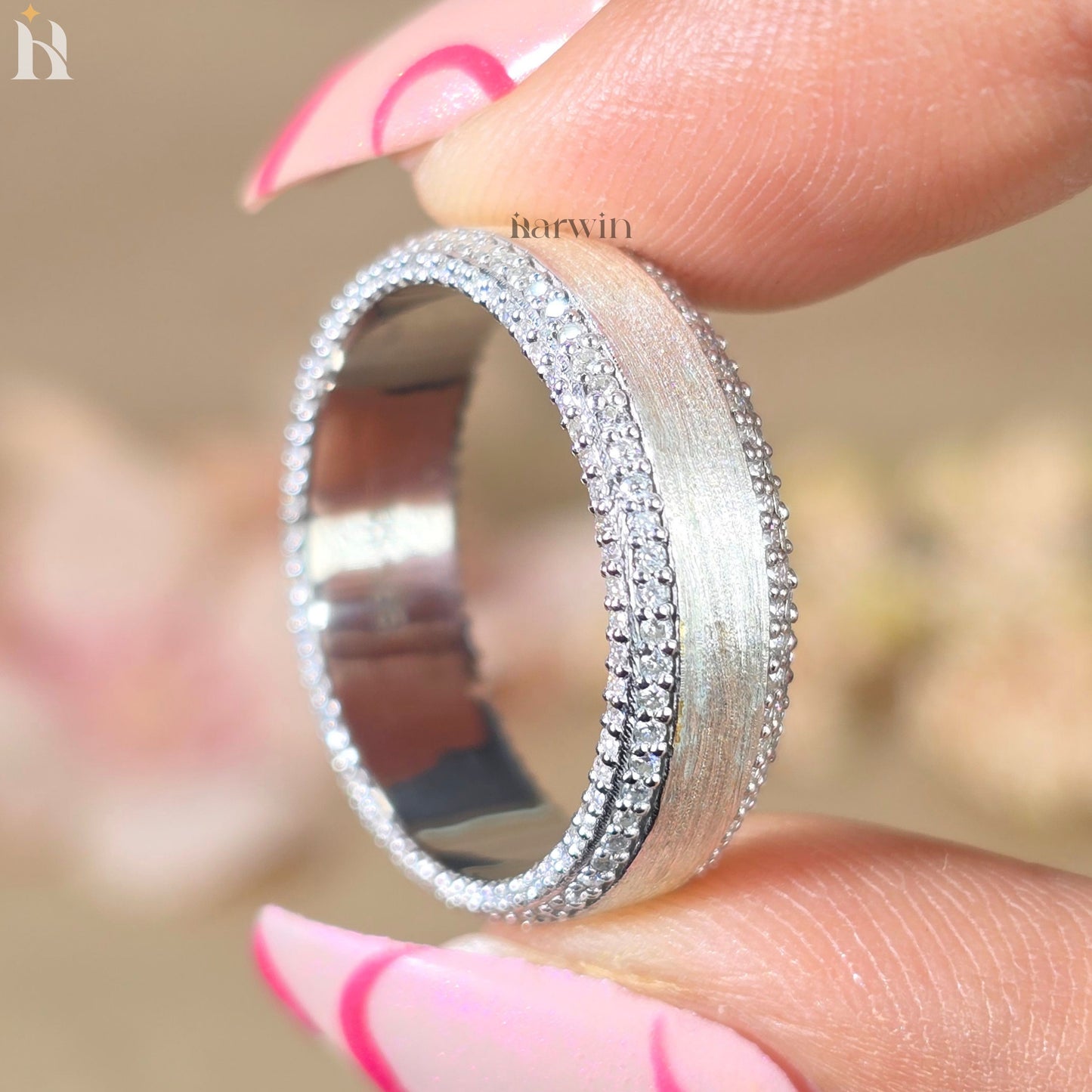 Men's 14k White Gold and Round Diamond Beveled Edge Wedding Band